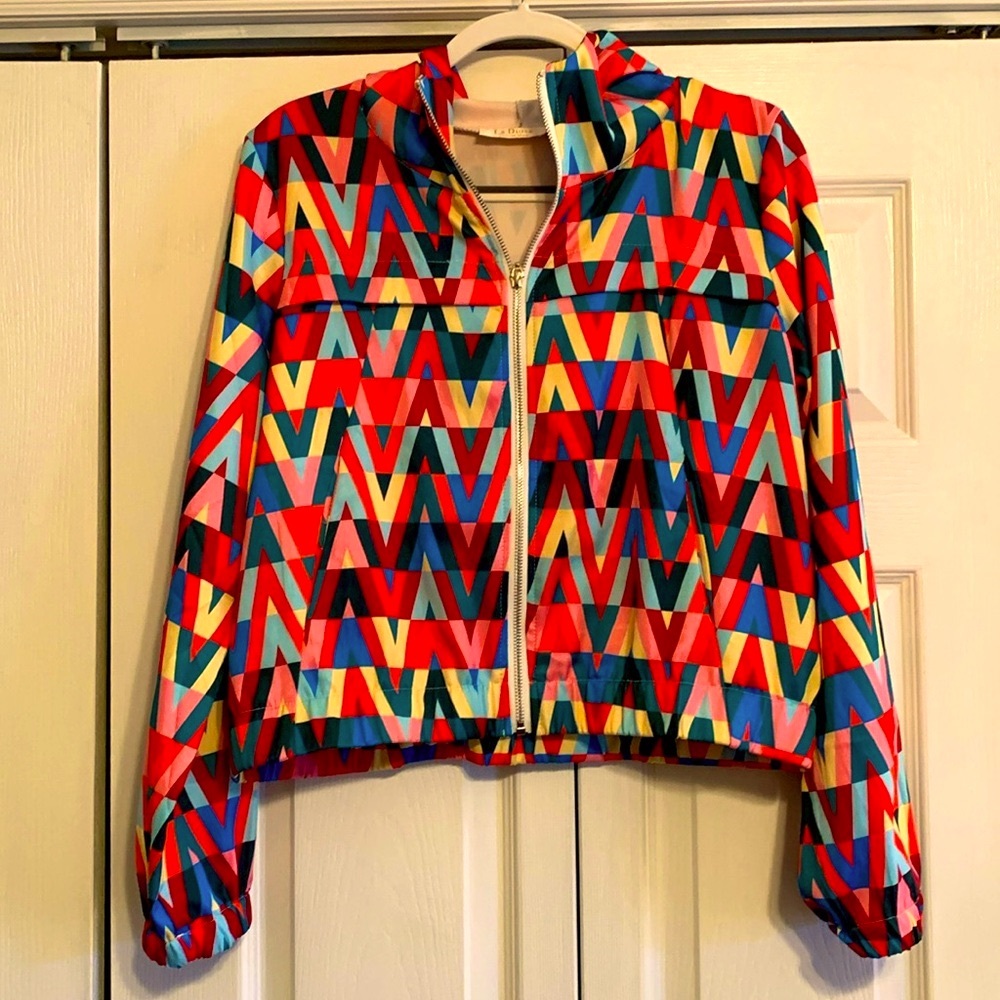 La Diosa, vibrant multi colored hooded jacket, size large, EUC